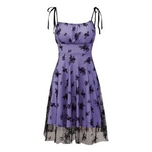 SHEIN Size S / 4 Purple Floral Dress with Sheer Black Accents Overlay